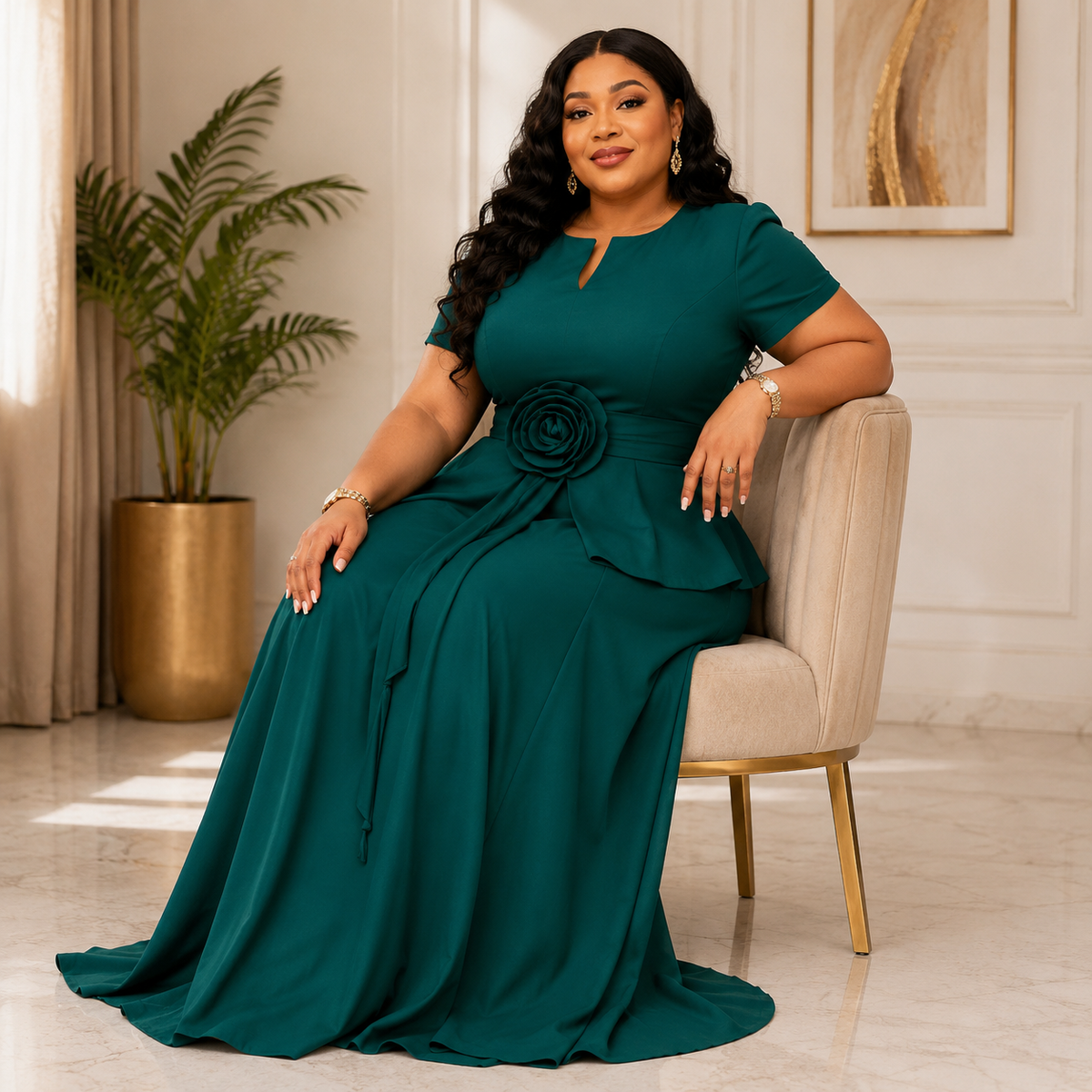 Emerald Bloom Wide-Leg Pantsuit