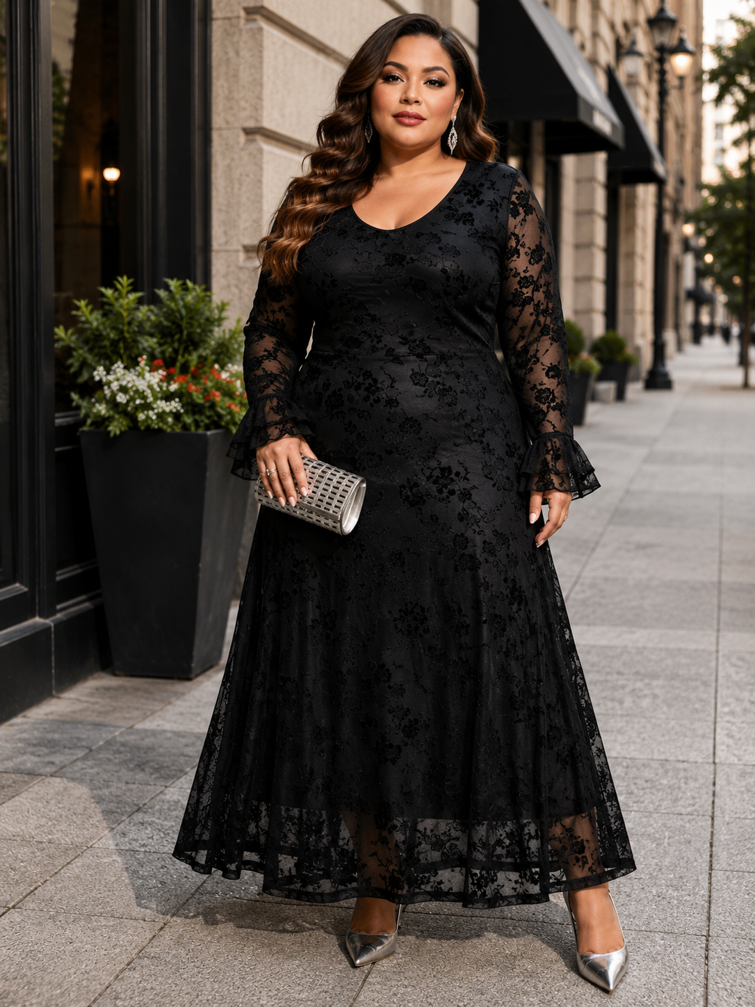 Floral Lace Bell Sleeve Party Dress