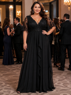 Lace Flutter Sleeve Ruffle Maxi Dress