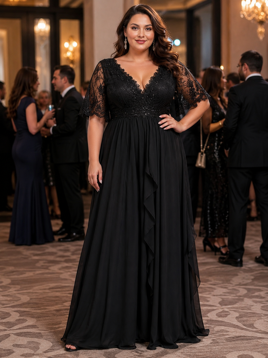 Lace Flutter Sleeve Ruffle Maxi Dress