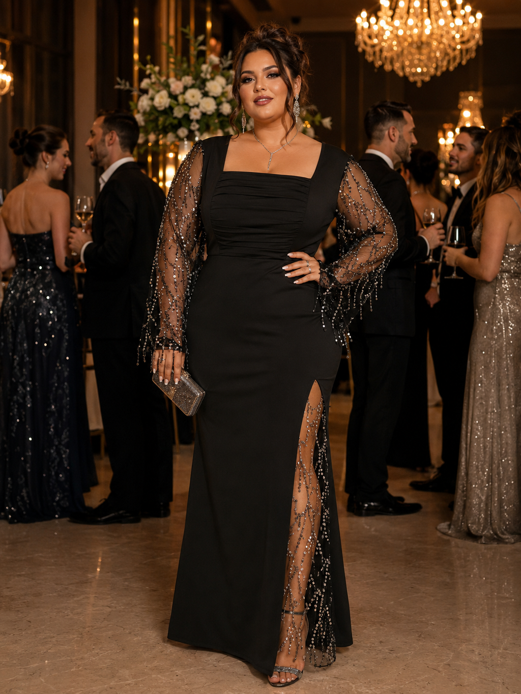 Sequin Tassel Mesh Slit Evening Gown