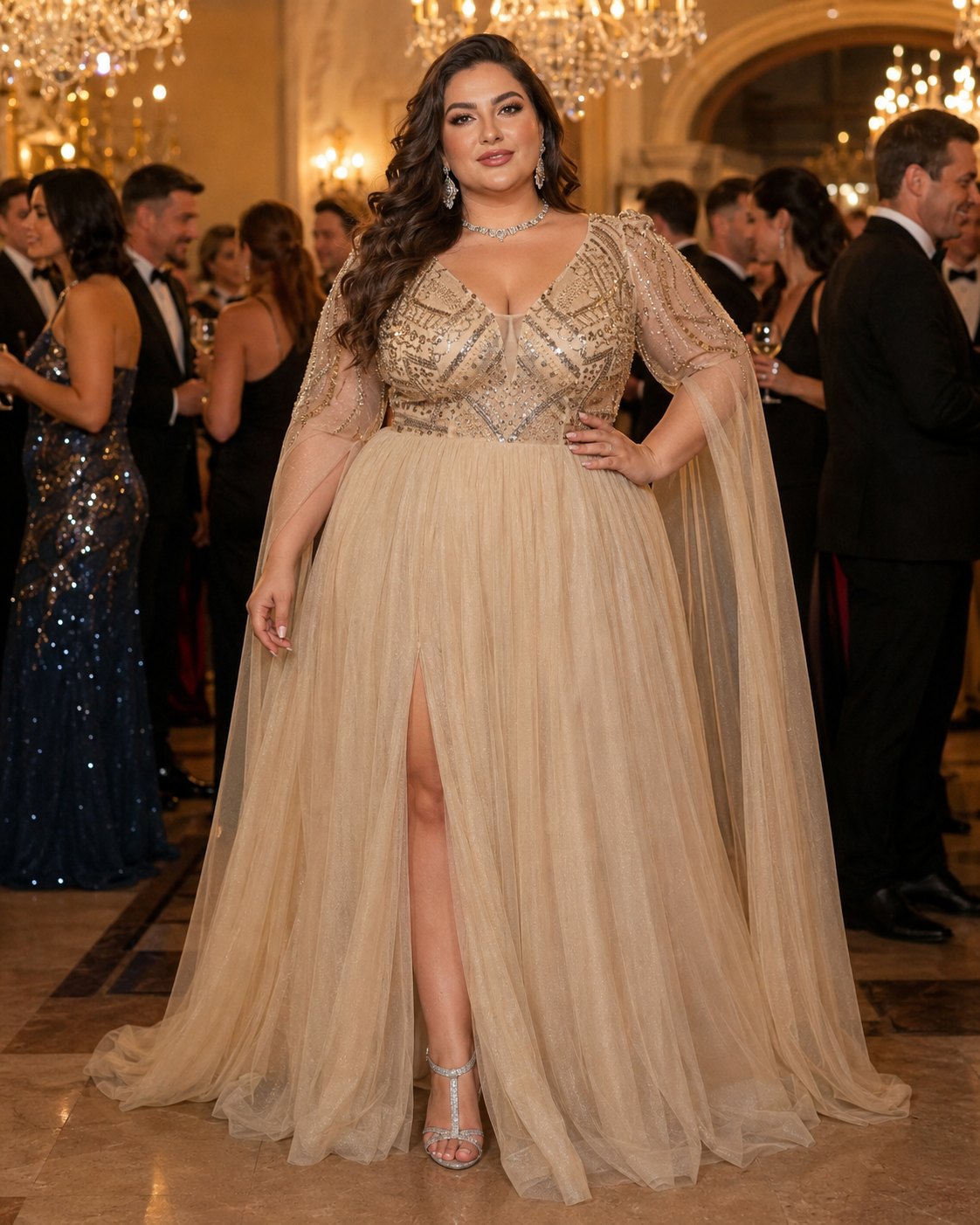Beaded Tulle Cape-Sleeve Evening Gown
