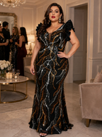 Ruffle-Shoulder Sequin Evening Gown