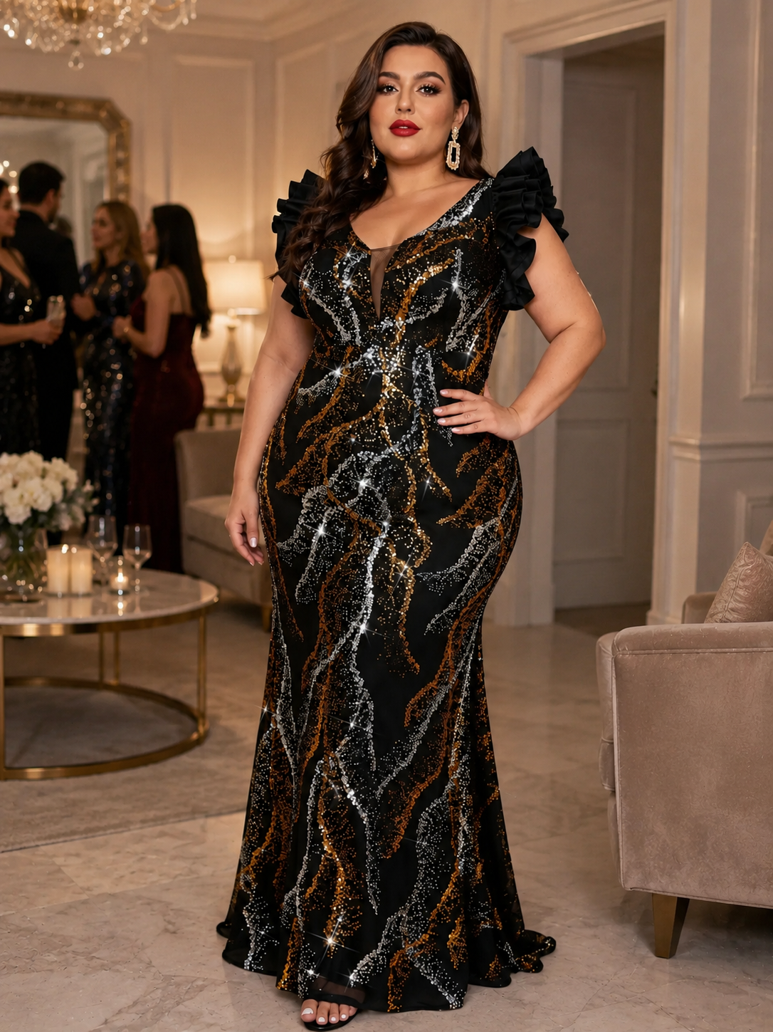 Ruffle-Shoulder Sequin Evening Gown