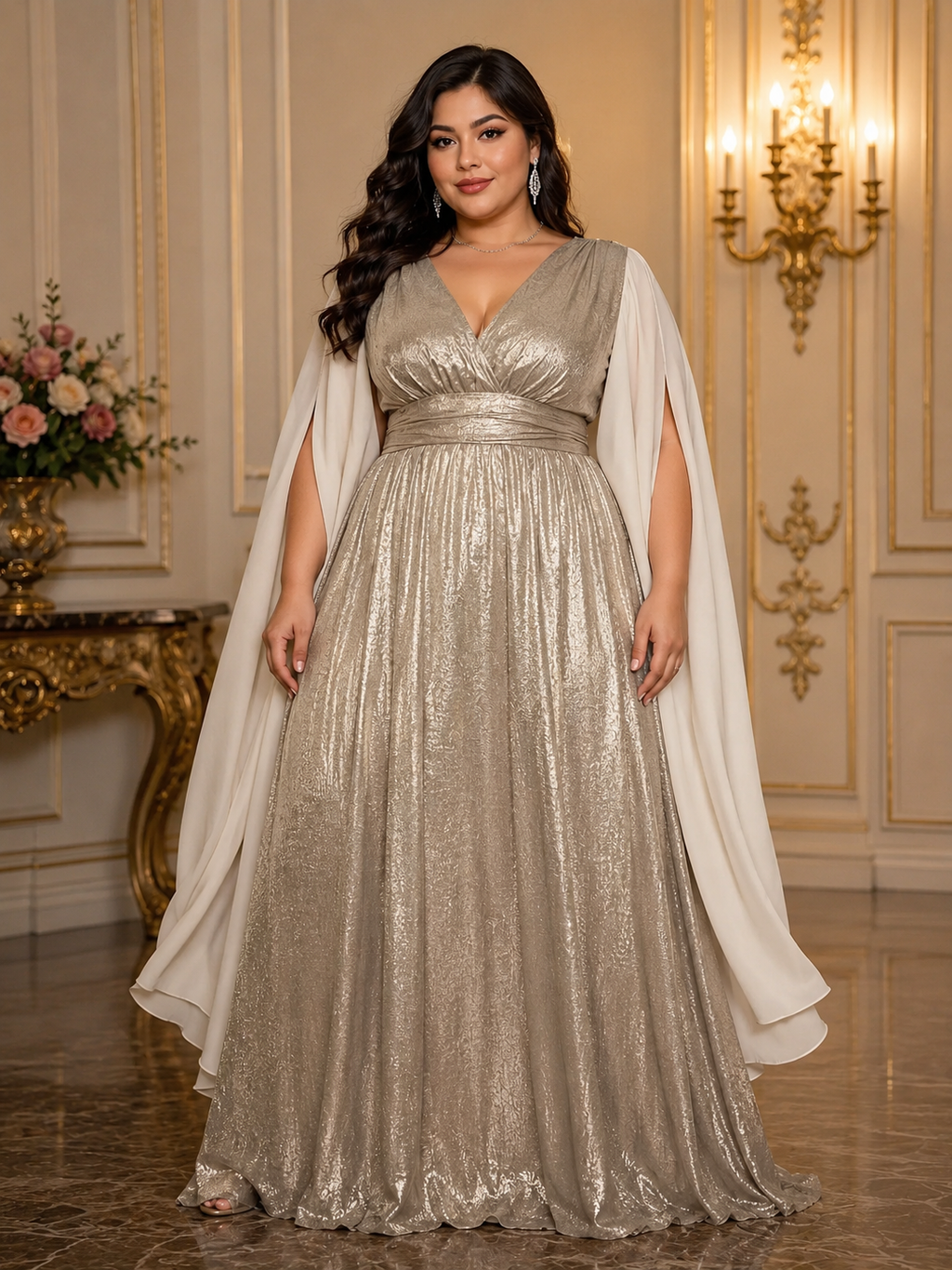 Metallic Cape Sleeve Maxi Gown