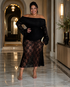 Off Shoulder Sheer Lace Midi Dress