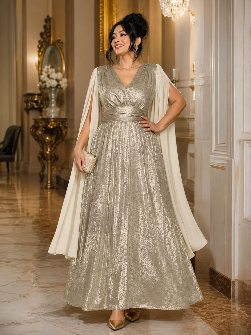 Metallic Cape Sleeve Maxi Gown