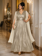 Metallic Cape Sleeve Maxi Gown