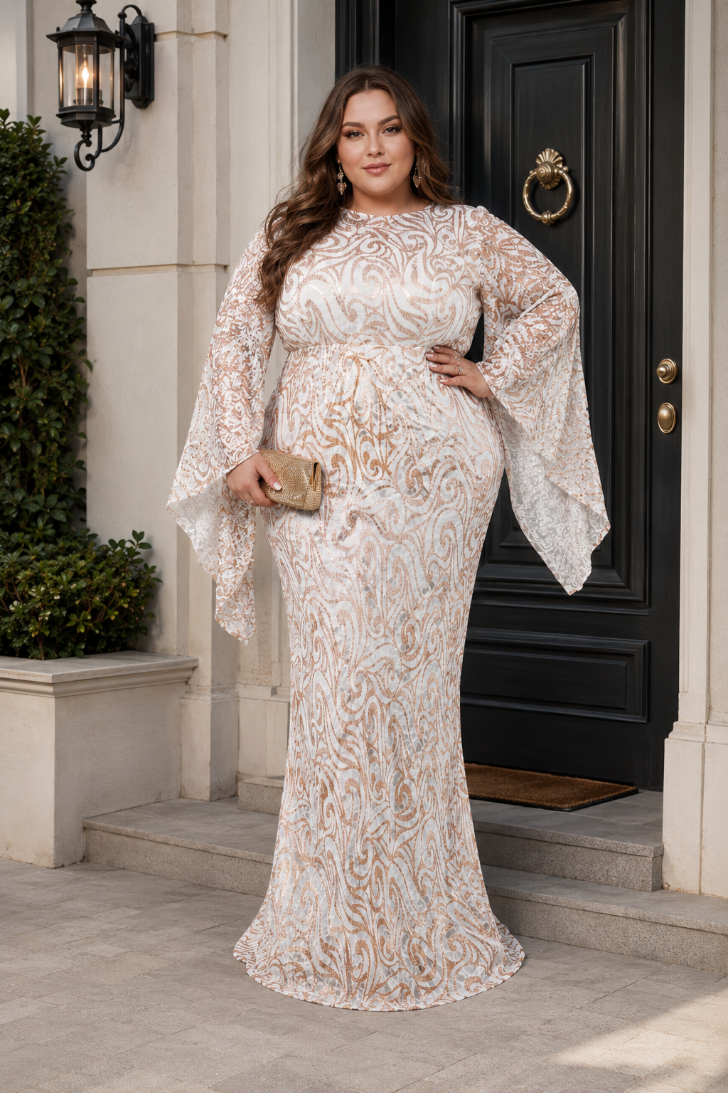 Flare Sleeve Geometric Sequin Formal Dress