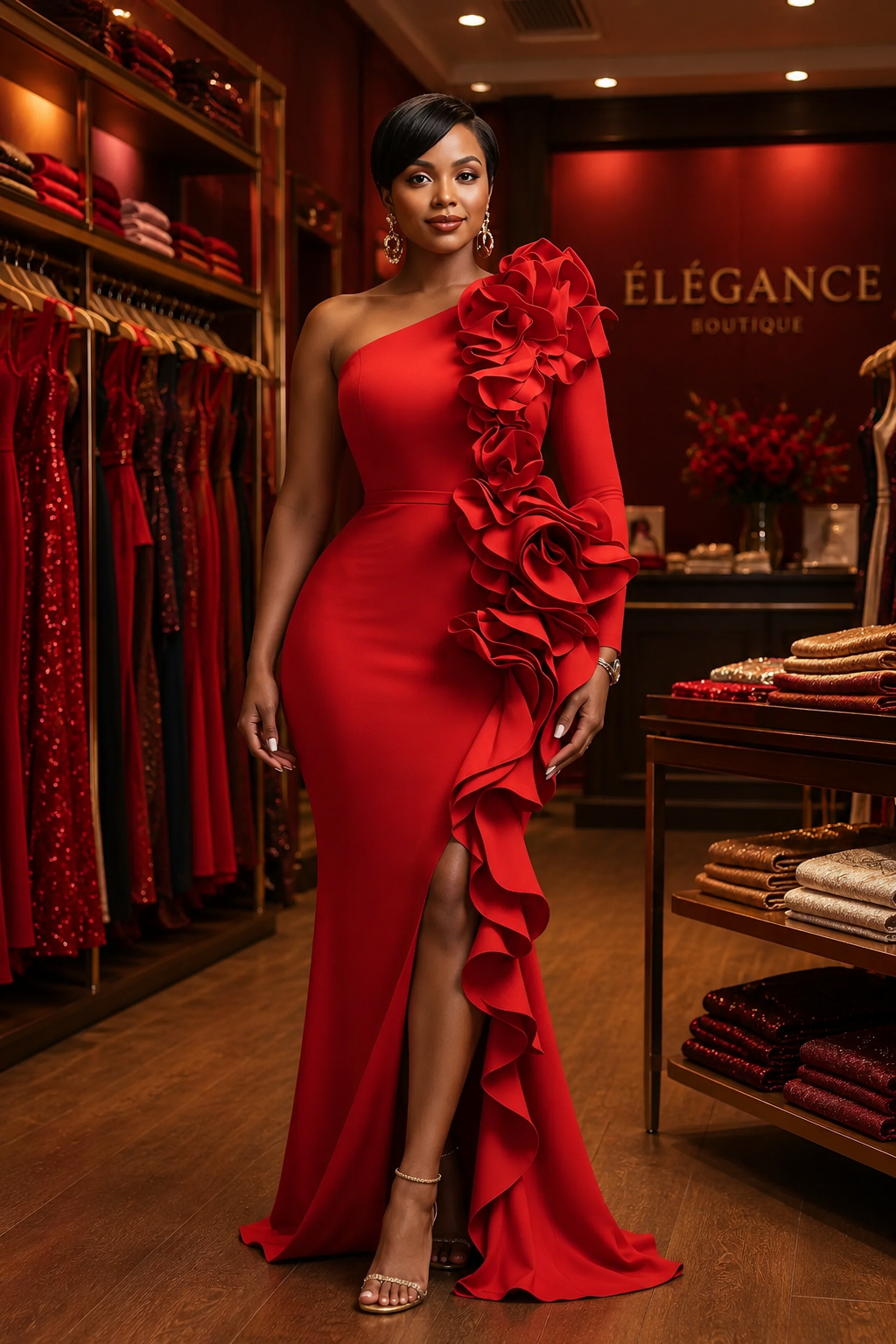 One Shoulder 3D Ruffle Formal Dress