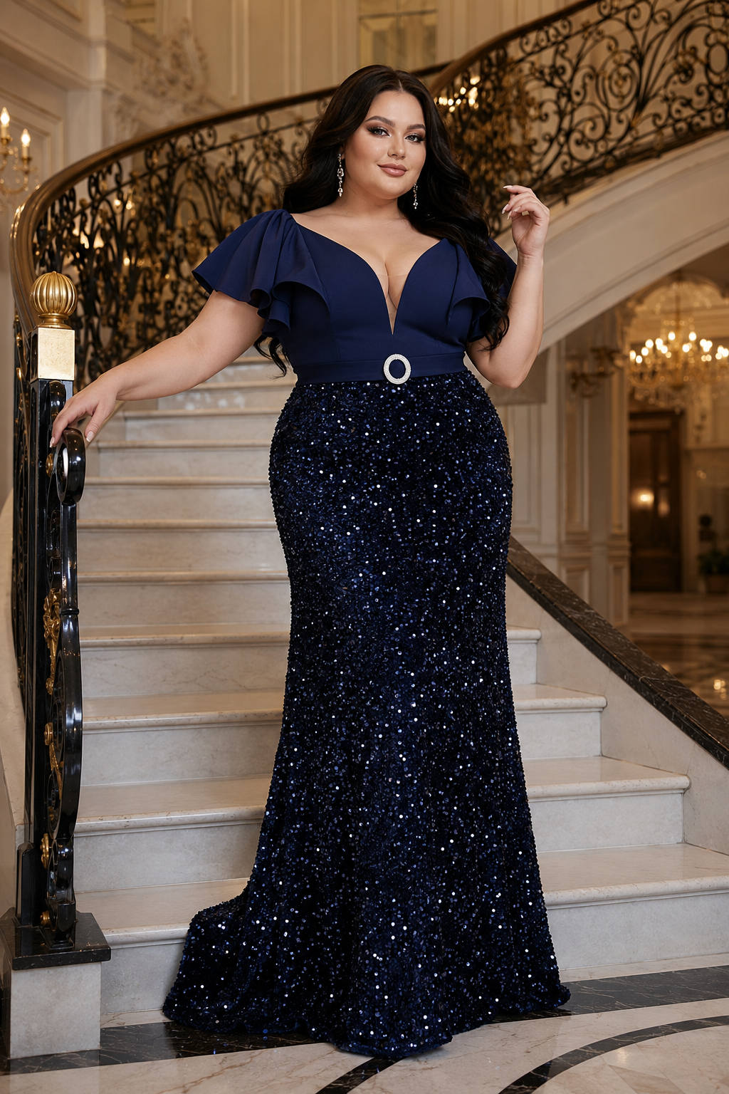 Sequin Short Sleeved Elegant Formal Dress