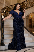 Sequin Short Sleeved Elegant Formal Dress