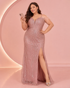 Fluffy Sequins Decor Split Hem Formal Dress
