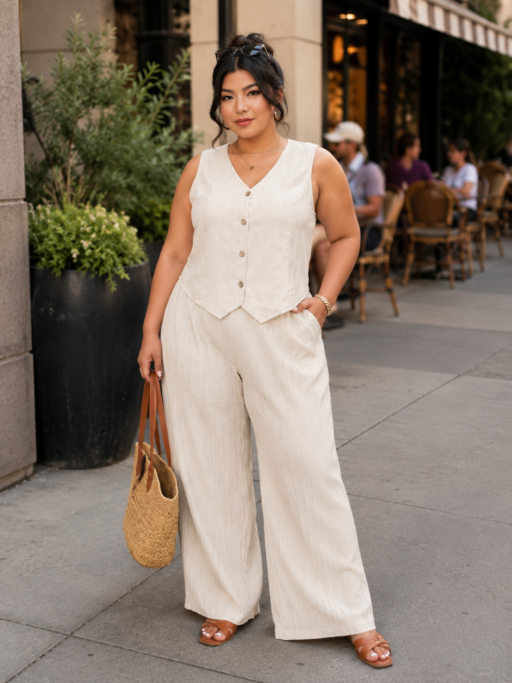 Button Vest and Wide-Leg Pants Set