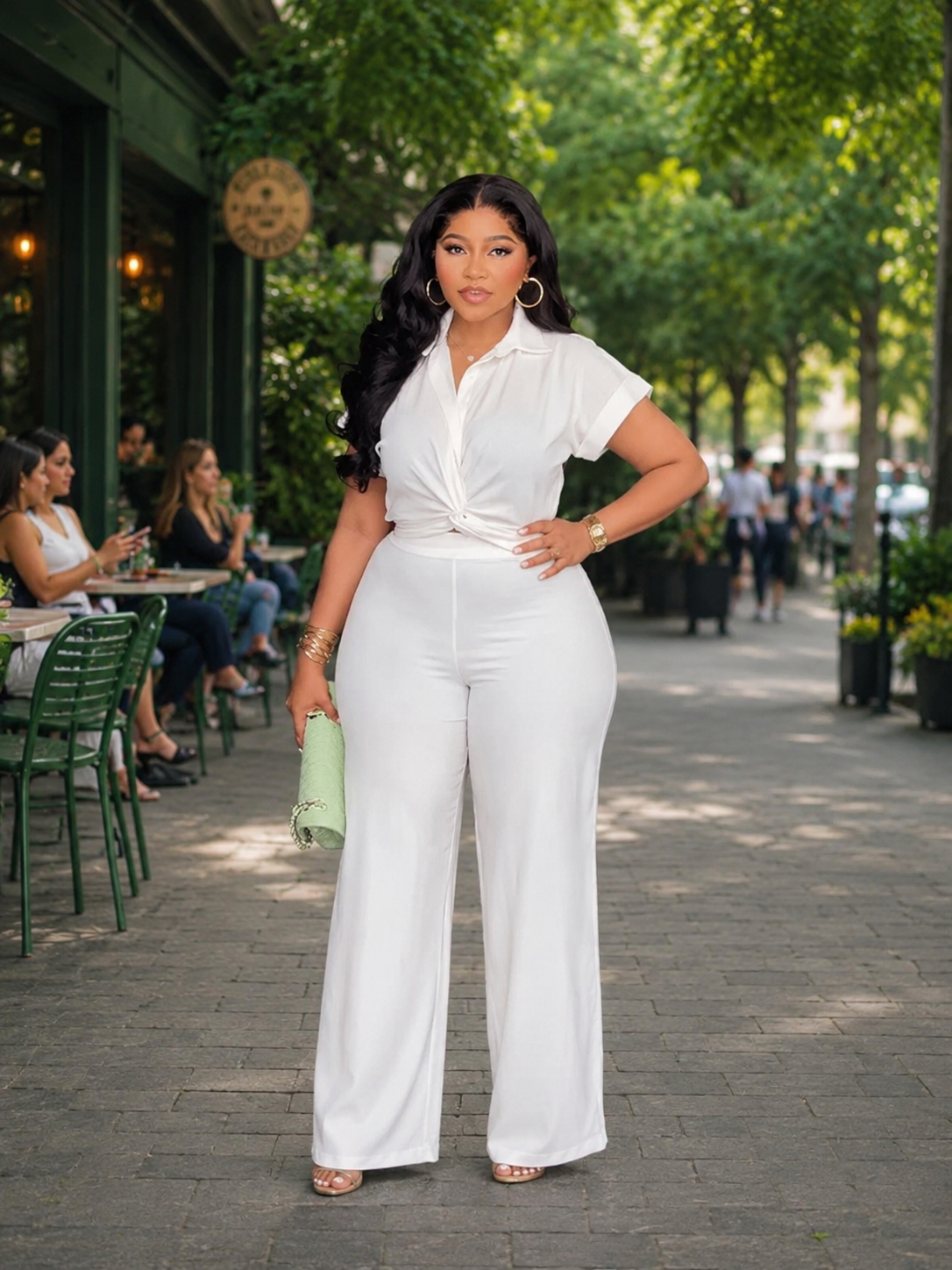 Pearl Twist Collared Top and Wide-Leg Pant Suit