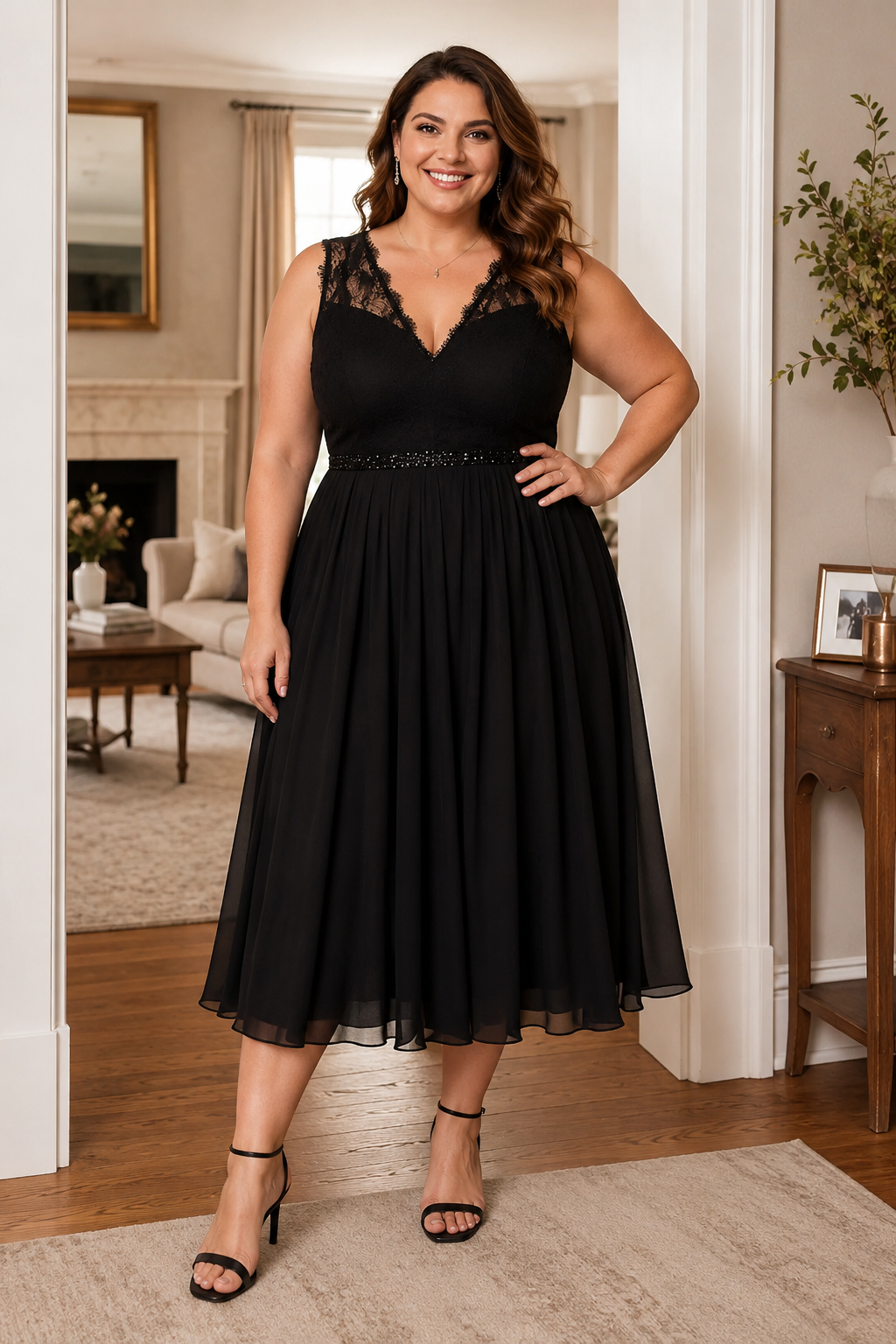 Chiffon Sleeveless Empire Waist Tea-Length Dress