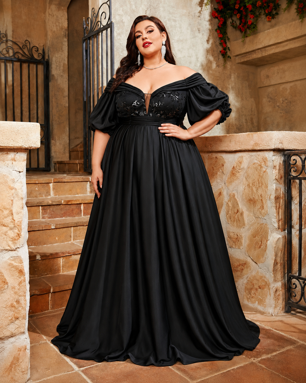 Elegant Evening Gown with Puff Sleeves