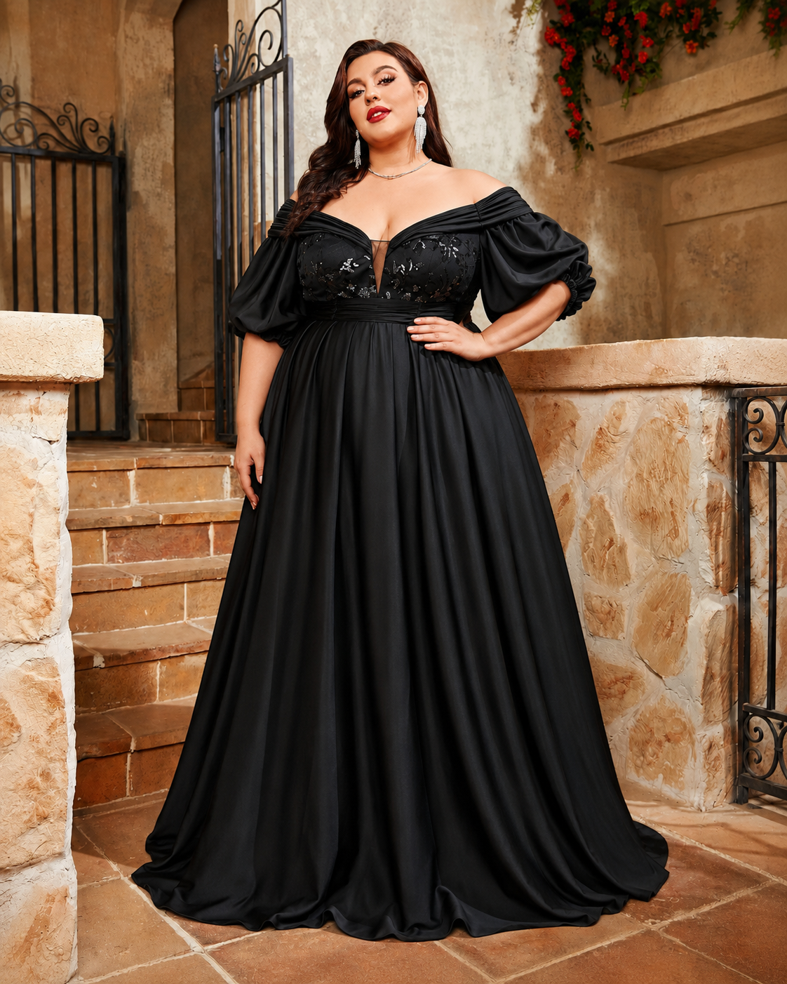 Elegant Evening Gown with Puff Sleeves