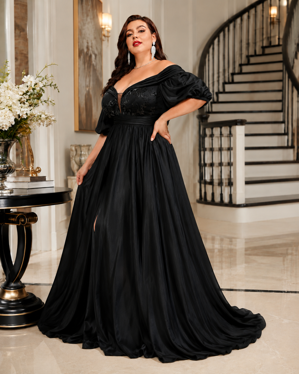 Elegant Evening Gown with Puff Sleeves