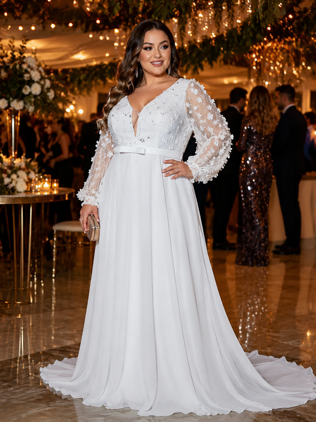Floral Applique Sleeve Chiffon Party Dress