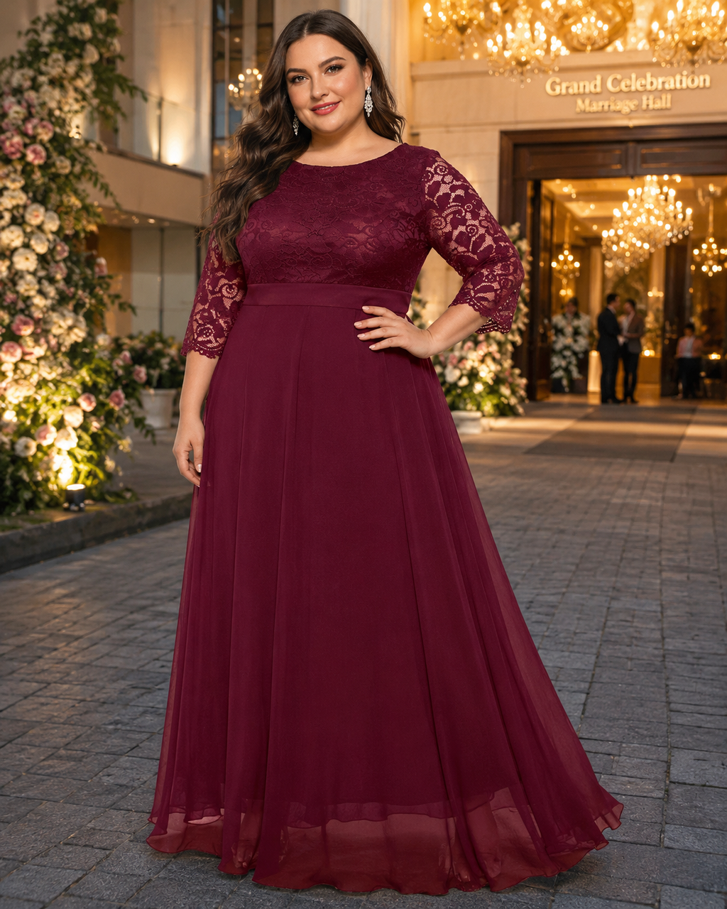 Merlot Romance Lace Sleeve Tulle Maxi Gown