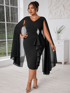 Chiffon Cape Sleeve Ruffle Midi Dress