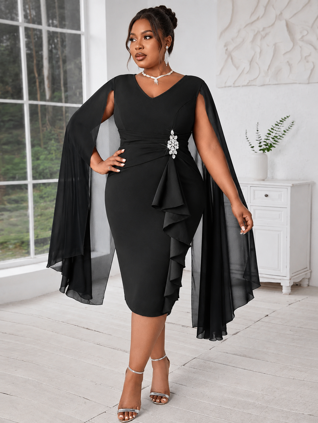 Chiffon Cape Sleeve Ruffle Midi Dress