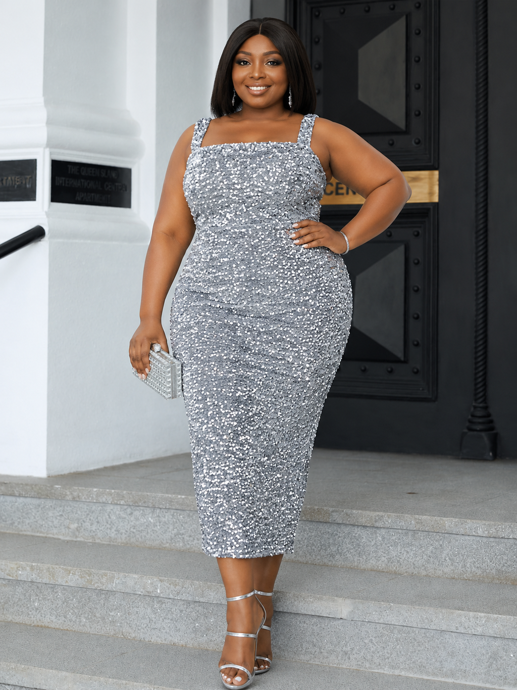 Square Neck Sequin Midi Dress