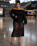 Off Shoulder Sheer Lace Midi Dress