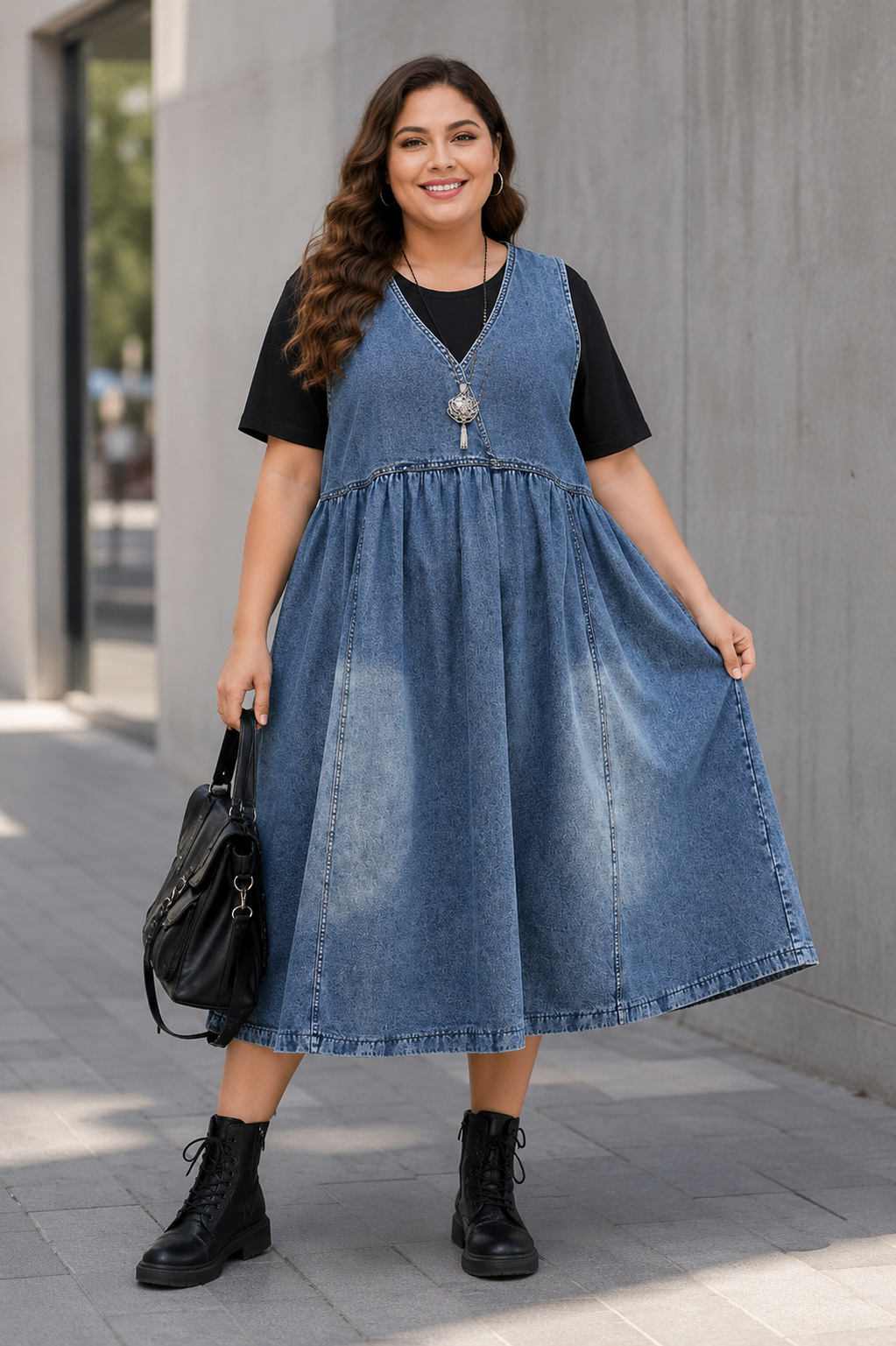 Curve Boho Denim Pinafore Dress