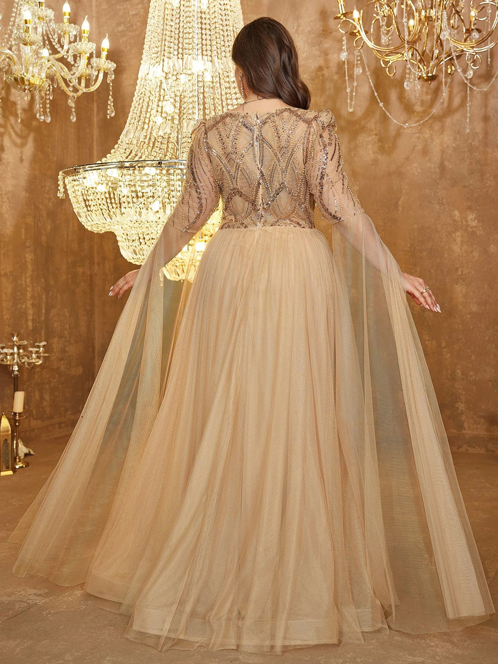 Beaded Tulle Cape-Sleeve Evening Gown