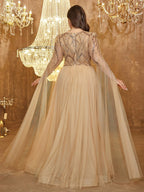 Beaded Tulle Cape-Sleeve Evening Gown