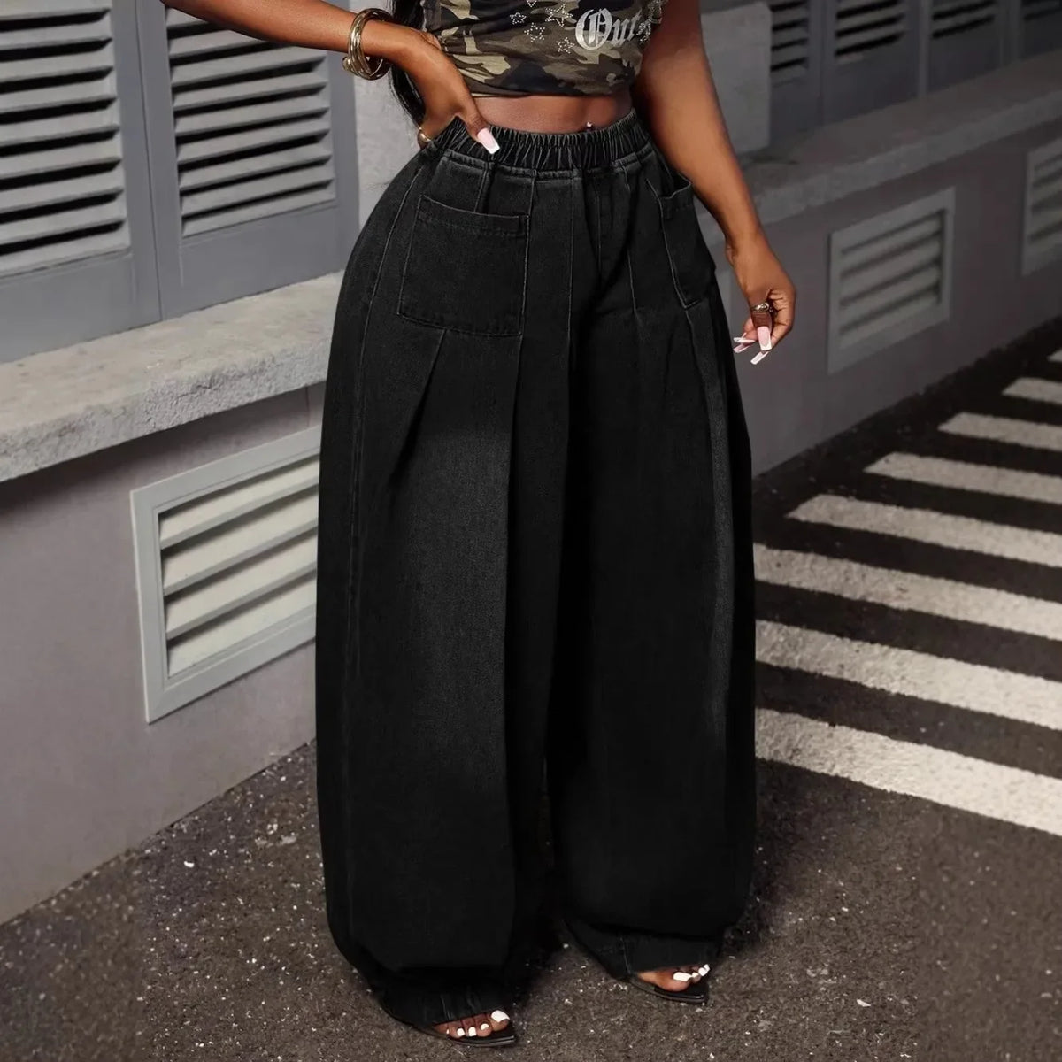 Wide Leg Denim Pleated Denim Jeans Pants