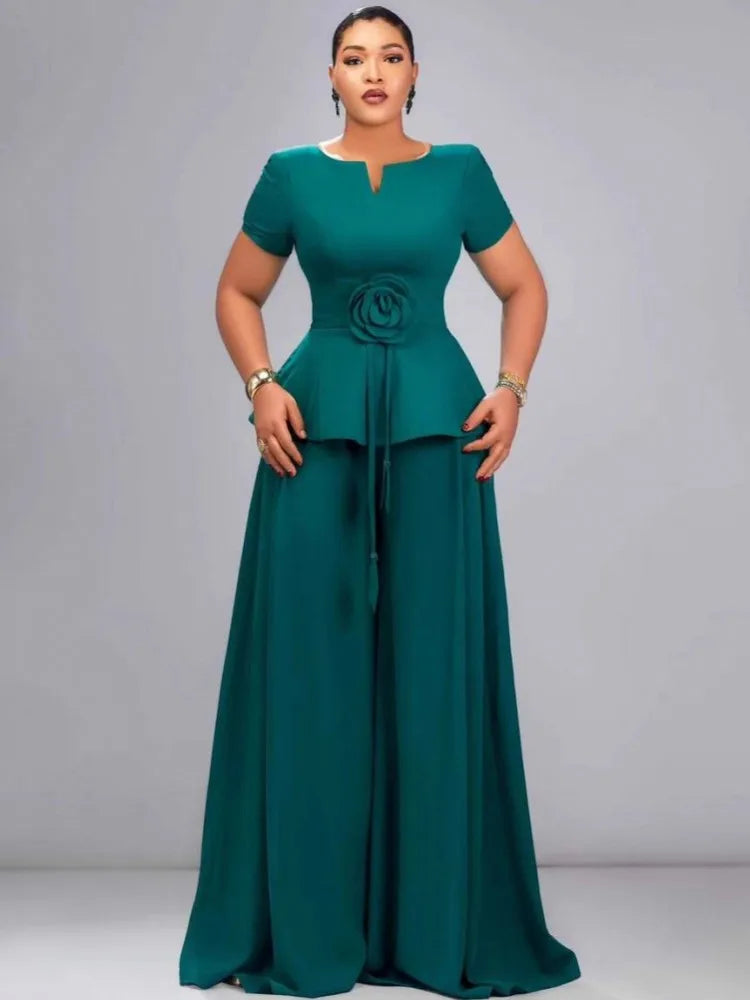 Emerald Bloom Wide-Leg Pantsuit