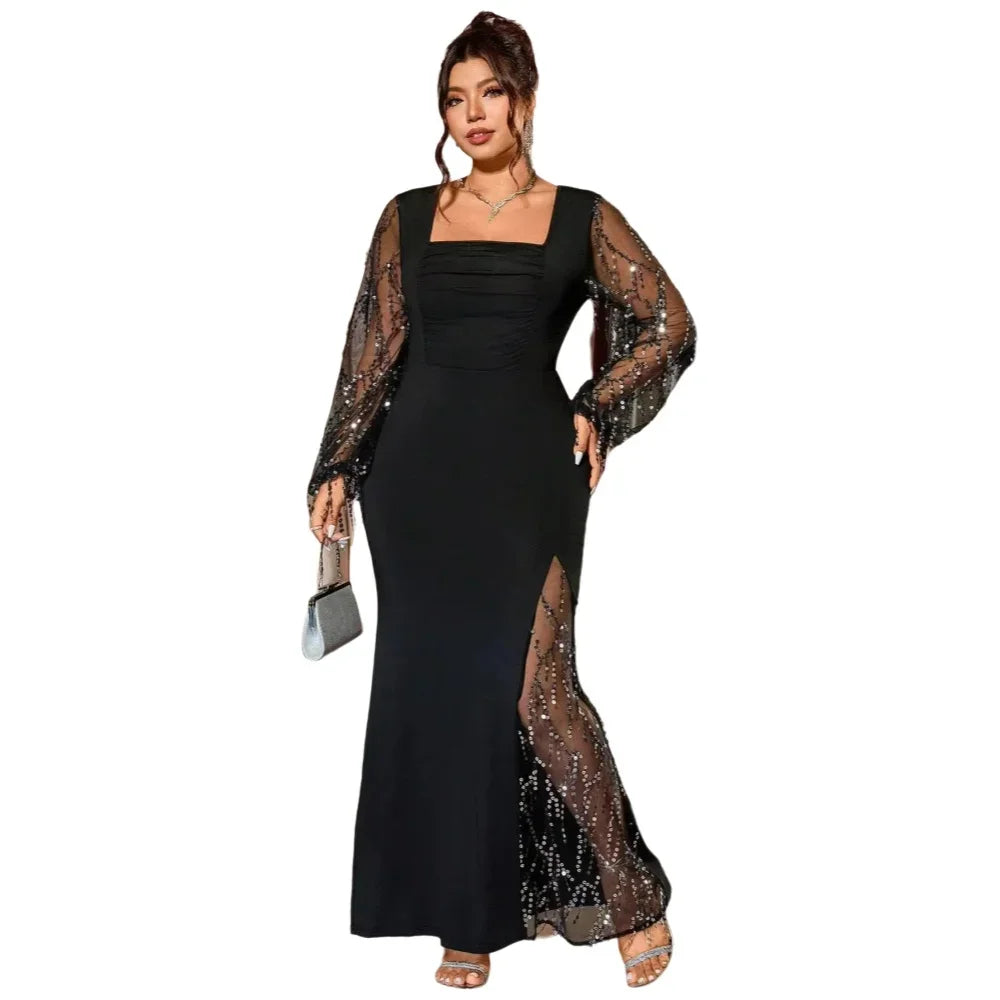 Sequin Tassel Mesh Slit Evening Gown