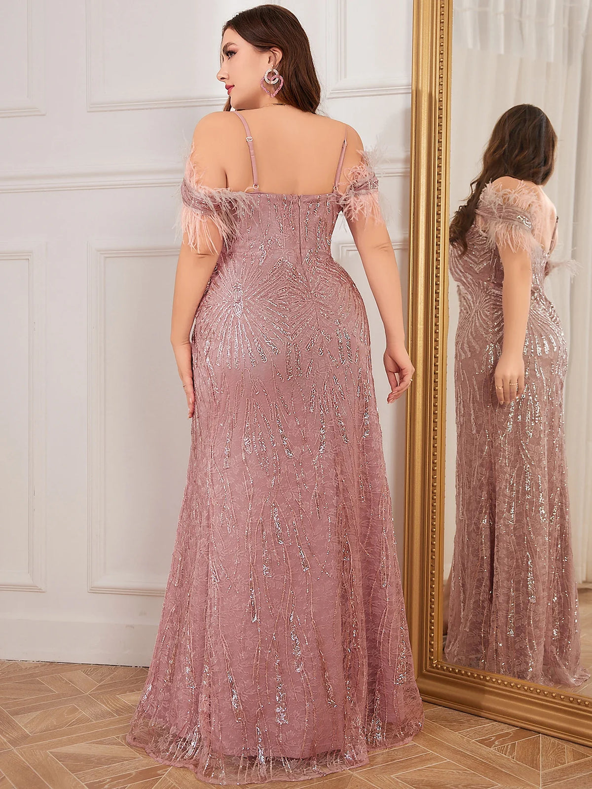 Fluffy Sequins Decor Split Hem Formal Dress