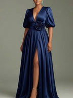 Satin Puff-Sleeve Slit Evening Party Dress