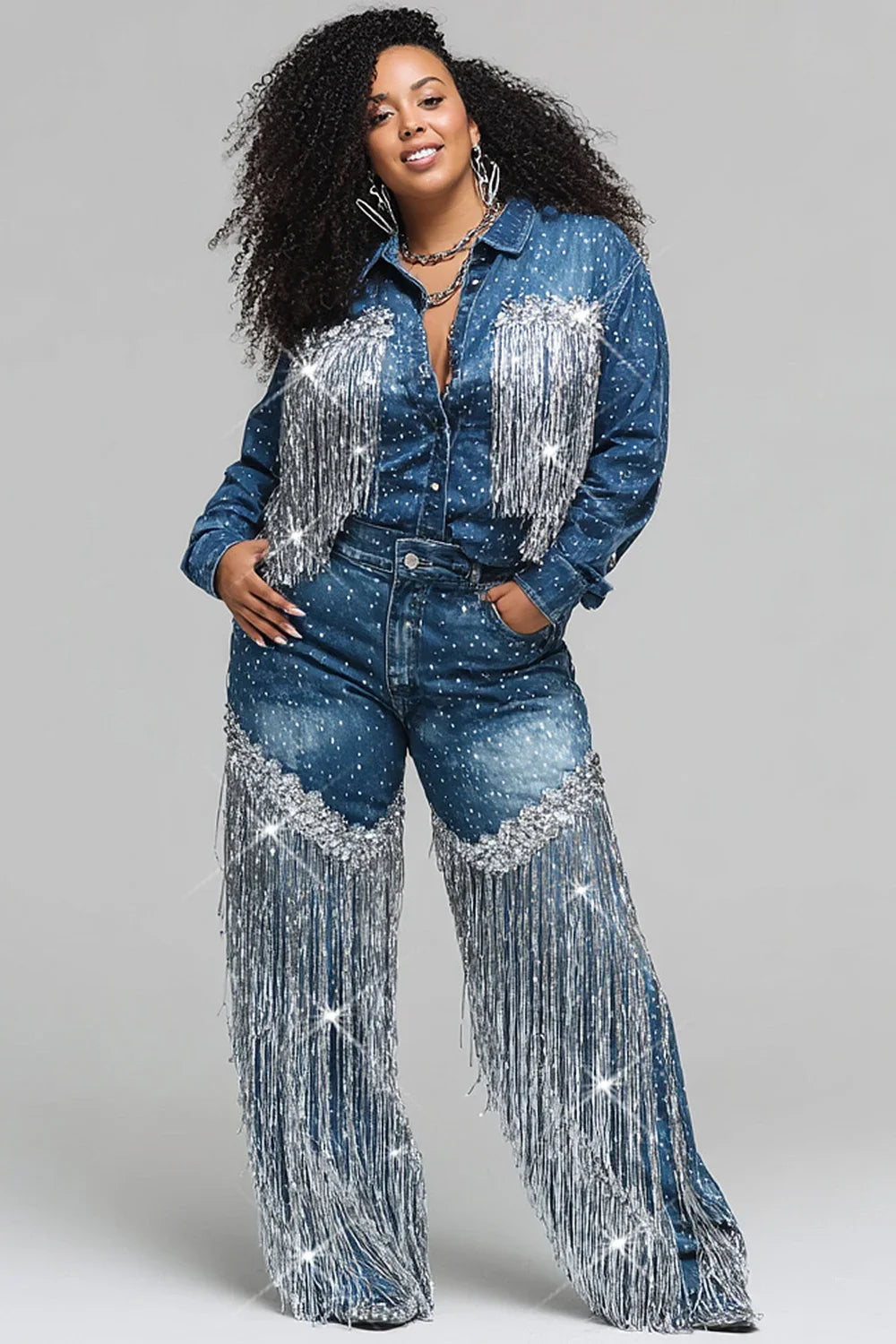 Glam Fringe Wide-Leg Pocket Denim Jeans