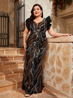 Ruffle-Shoulder Sequin Evening Gown