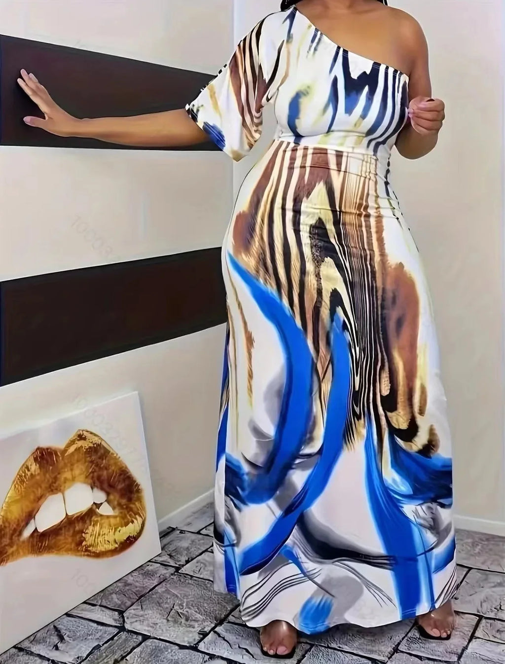 Milk white printed single sleeved maxi dress