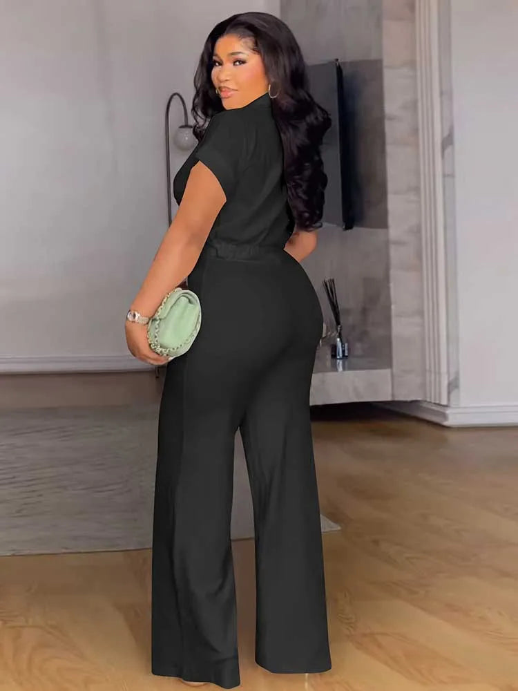 Pearl Twist Collared Top and Wide-Leg Pant Suit