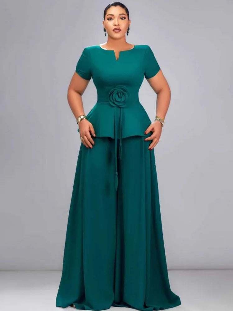 Emerald Bloom Wide-Leg Pantsuit