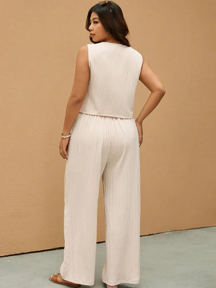 Button Vest and Wide-Leg Pants Set