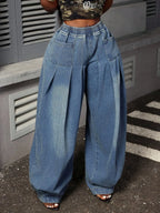 Wide Leg Denim Pleated Denim Jeans Pants