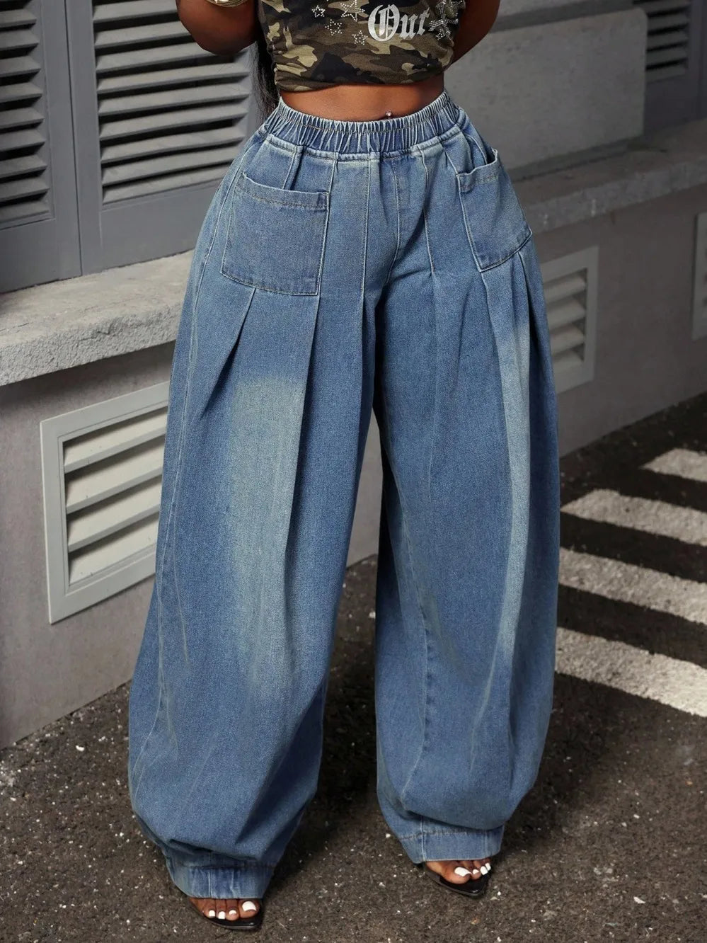 Wide Leg Denim Pleated Denim Jeans Pants
