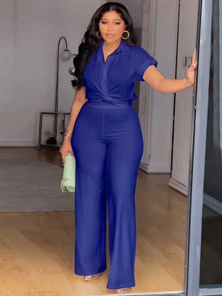 Pearl Twist Collared Top and Wide-Leg Pant Suit