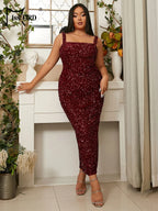 Square Neck Sequin Midi Dress