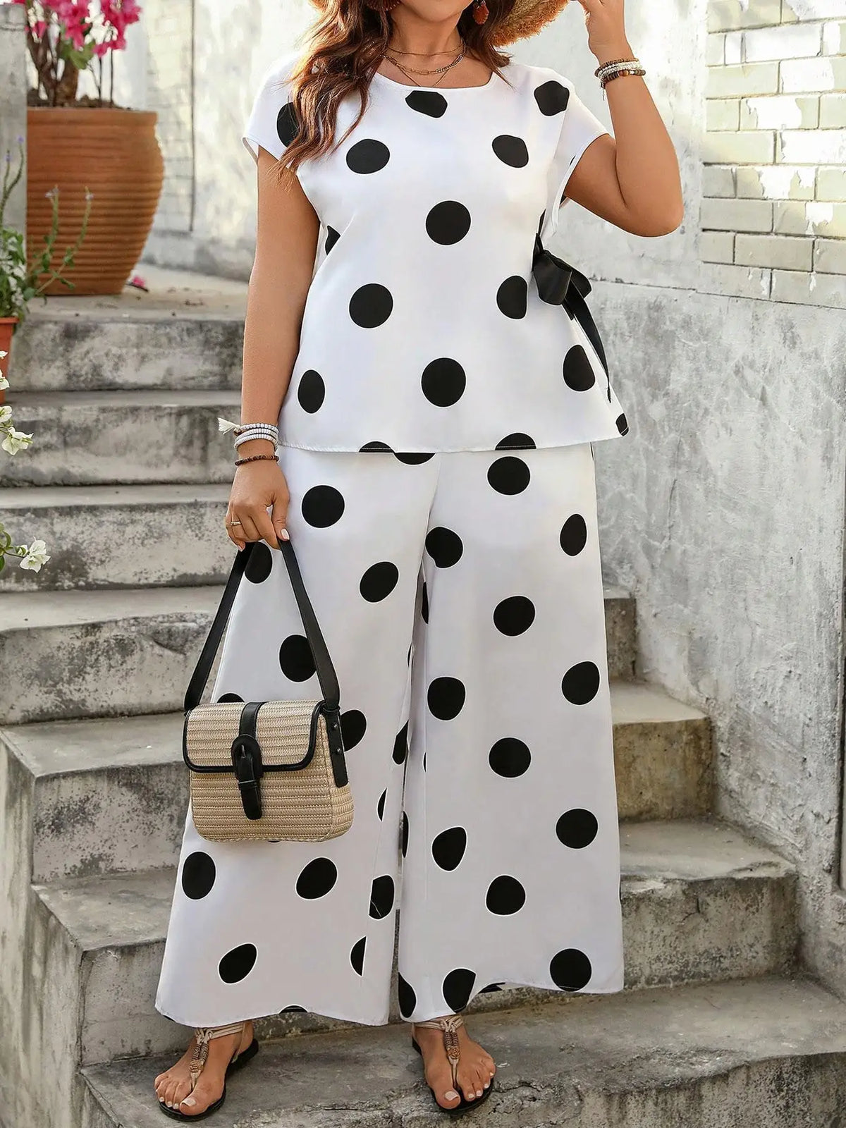 Polka Bow Side Tie Pant Suit