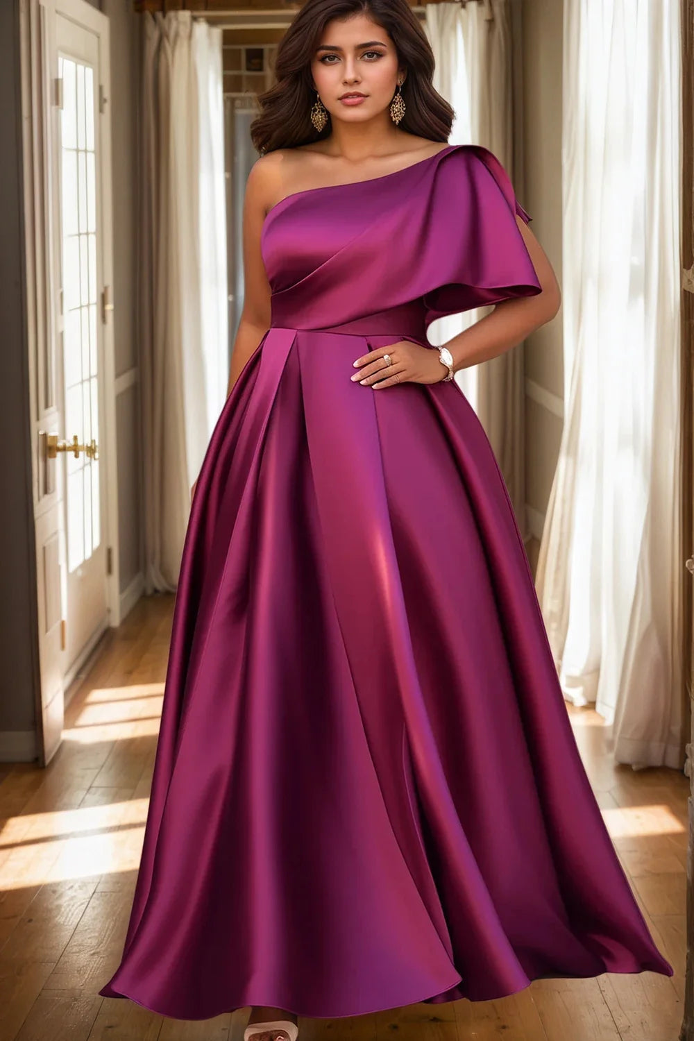 One Sleeve Pleated A-Line Formal Dress