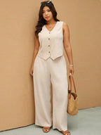 Button Vest and Wide-Leg Pants Set